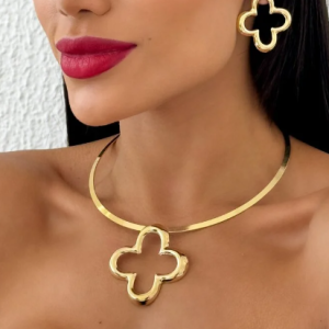 Conjunto Choker e Brinco Folheado a Ouro 18k Aro Inspiração Vazado - Ouro