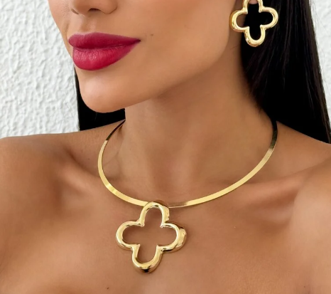 Conjunto Choker e Brinco Folheado a Ouro 18k Aro Inspiração Vazado - Ouro