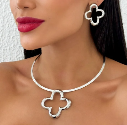 Conjunto Choker e Brinco Folheado a Prata Aro Inspiração Vazado - Prata - Imagem 2