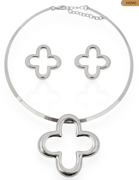 Conjunto Choker e Brinco Folheado a Prata Aro Inspiração Vazado - Prata