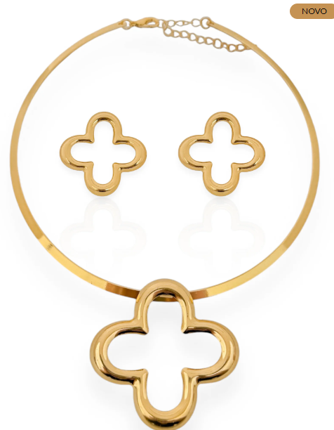 Conjunto Choker e Brinco Folheado a Ouro 18k Aro Inspiração Vazado - Ouro - Imagem 2